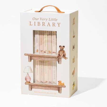 Children's bookshelf set with books and toys in a decorative box labeled 'Our Very Little Library'.