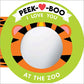 Cover of a children's book titled 'Peek-Boo I Love You at the Zoo' with a green border and tiger stripes.