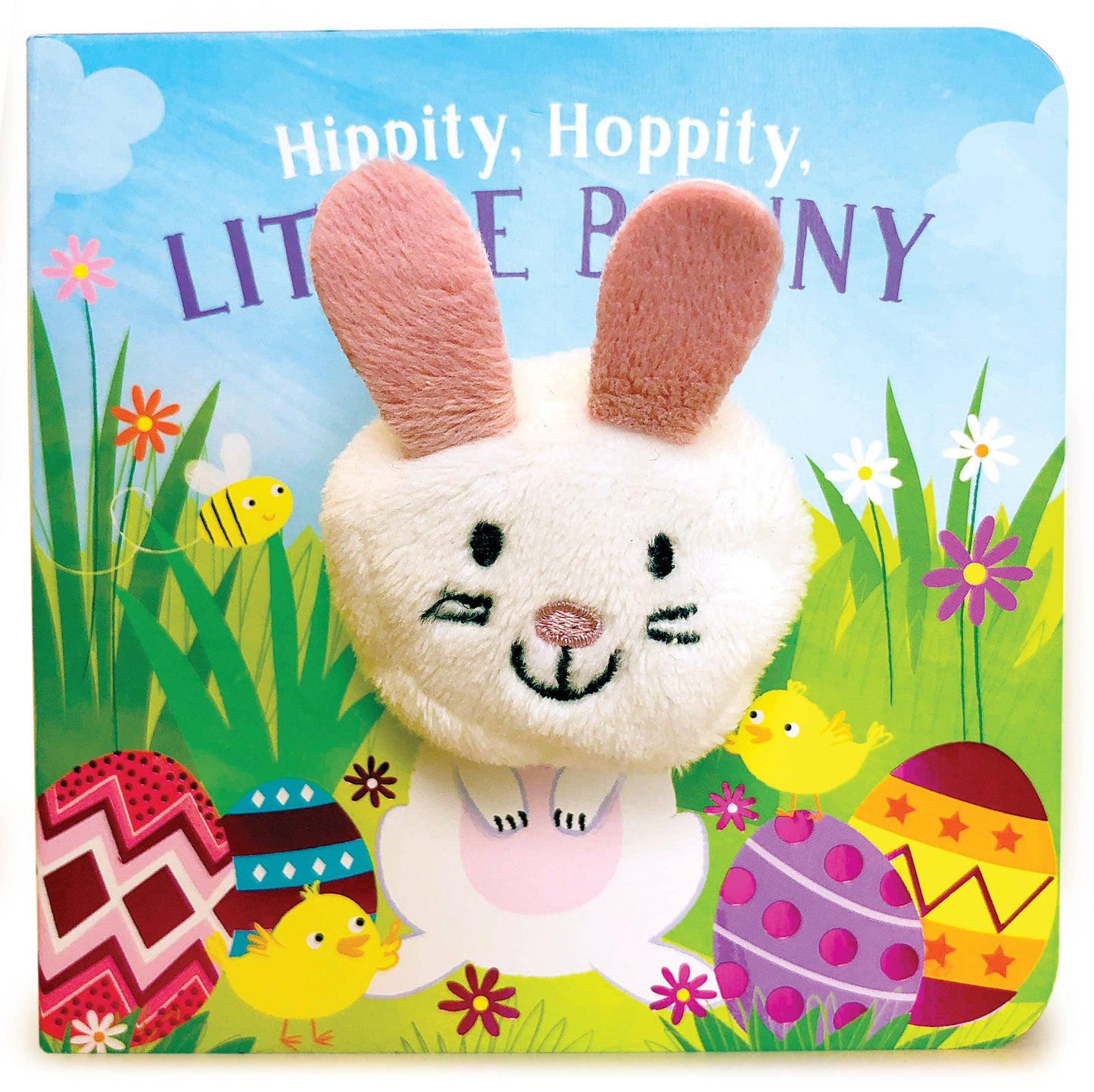Children's book cover with a plush bunny toy, Easter eggs, and chicks on a colorful background.