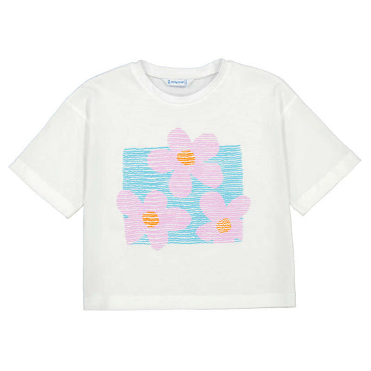 White t-shirt with pink floral design 