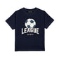 Navy blue t-shirt with soccer ball graphic and 'League Go For It!' text 