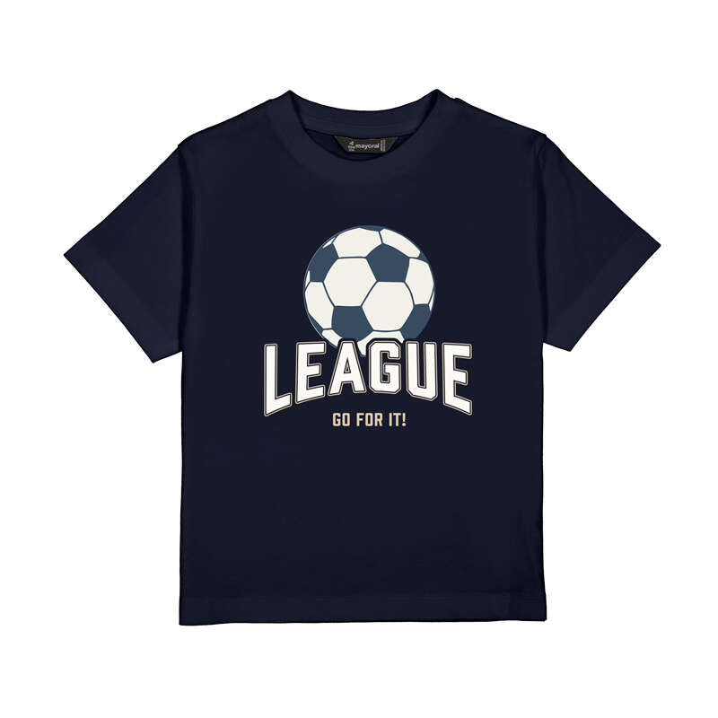 Navy blue t-shirt with soccer ball graphic and 'League Go For It!' text 