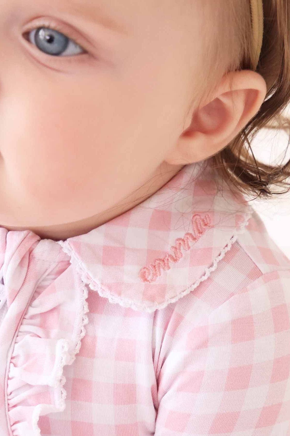 Peter Pan Collar Ruffle Zipper Footie | Rosy Gingham