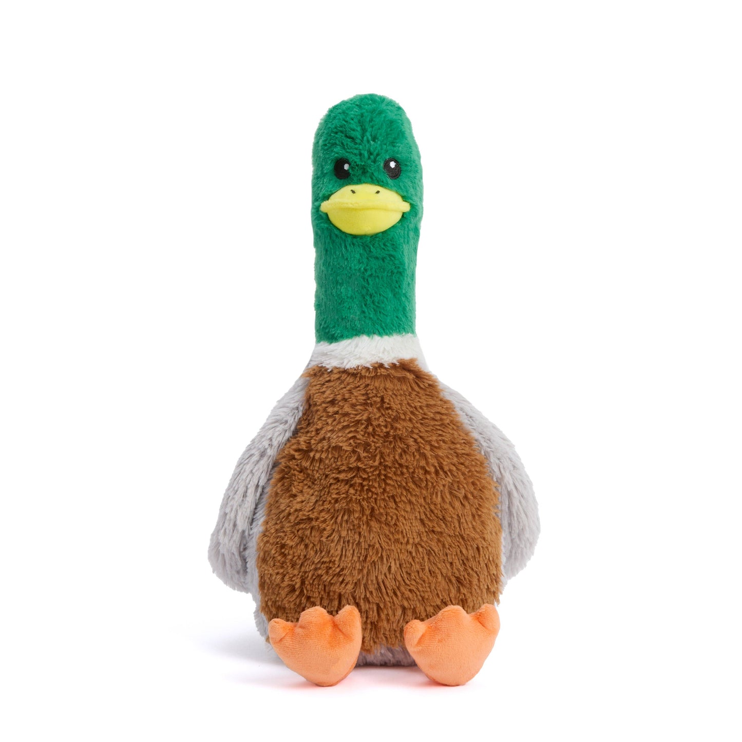 Plush toy duck with green head, brown body, and orange feet 