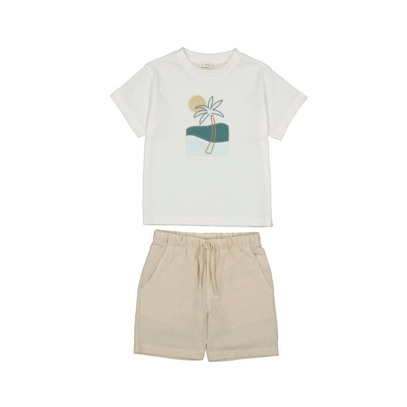 White t-shirt with palm tree design and beige shorts 