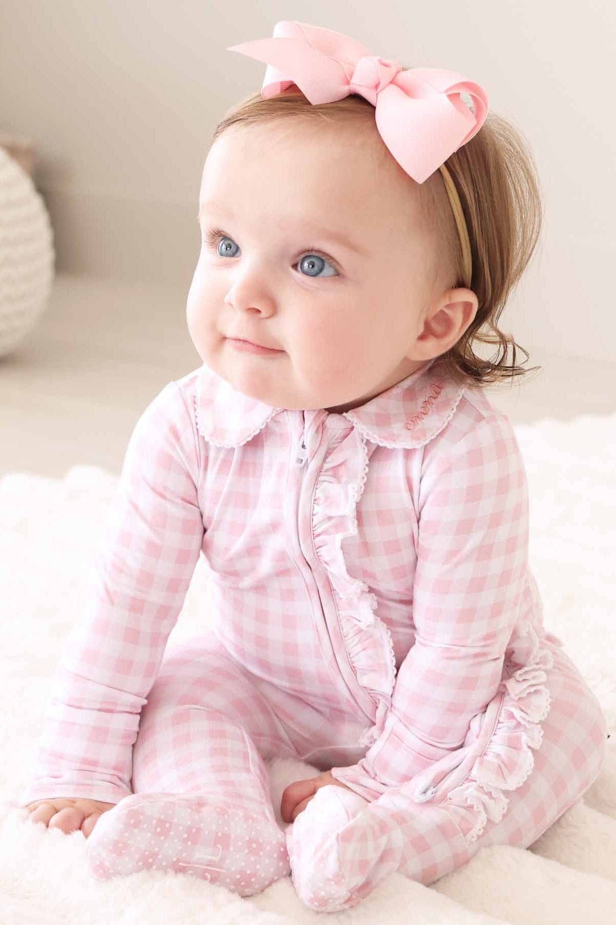 Peter Pan Collar Ruffle Zipper Footie // Rosy Gingham