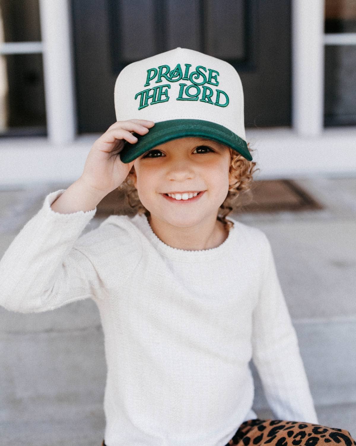 Praise the Lord Christian KIDS Hat - Dark Green & Off-White