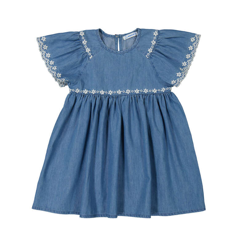 Blue denim dress with floral embroidery