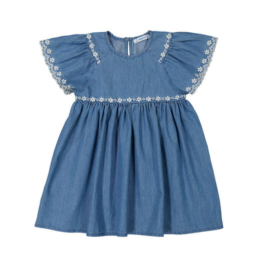Blue denim dress with floral embroidery