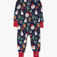 A children's long-sleeve footed one-piece pajama in navy blue with a festive Christmas print of Santa Claus, cacti, snowmen, gingerbread cookies, and gifts, finished with contrasting red cuffs and bandana-patterned ankle openings.