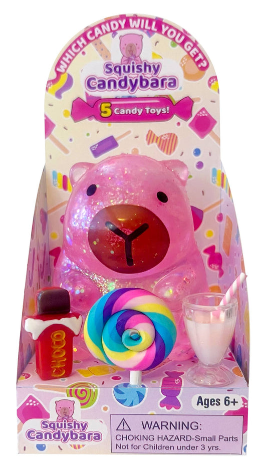 Squishy Candybara toy packaging with a pink bear-like character and candy-themed elements.