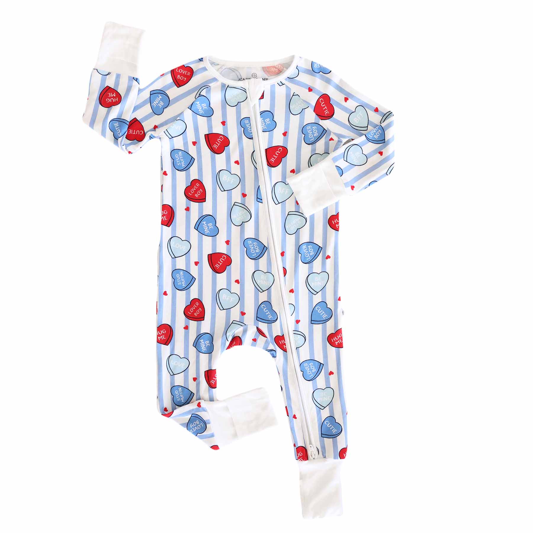 Baby blue and red romper with heart and stripes  pattern