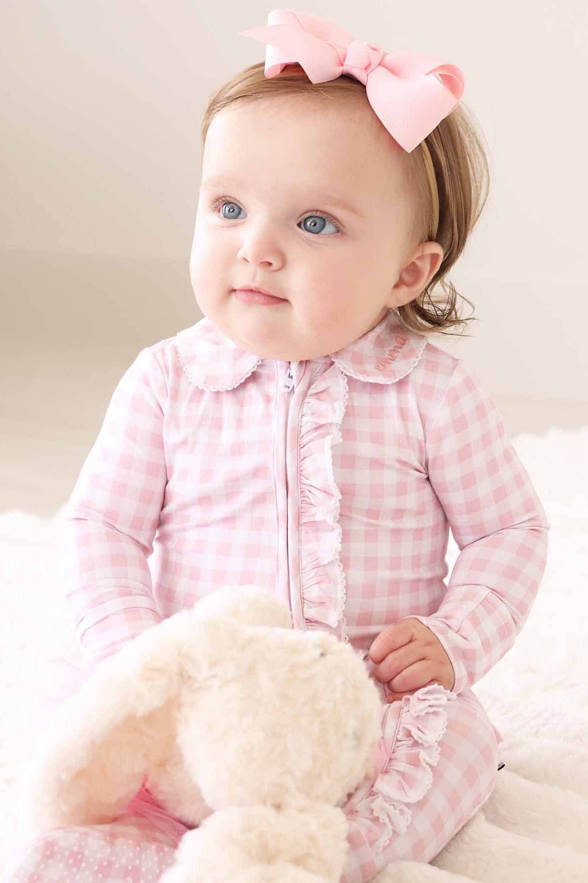 Peter Pan Collar Ruffle Zipper Footie // Rosy Gingham