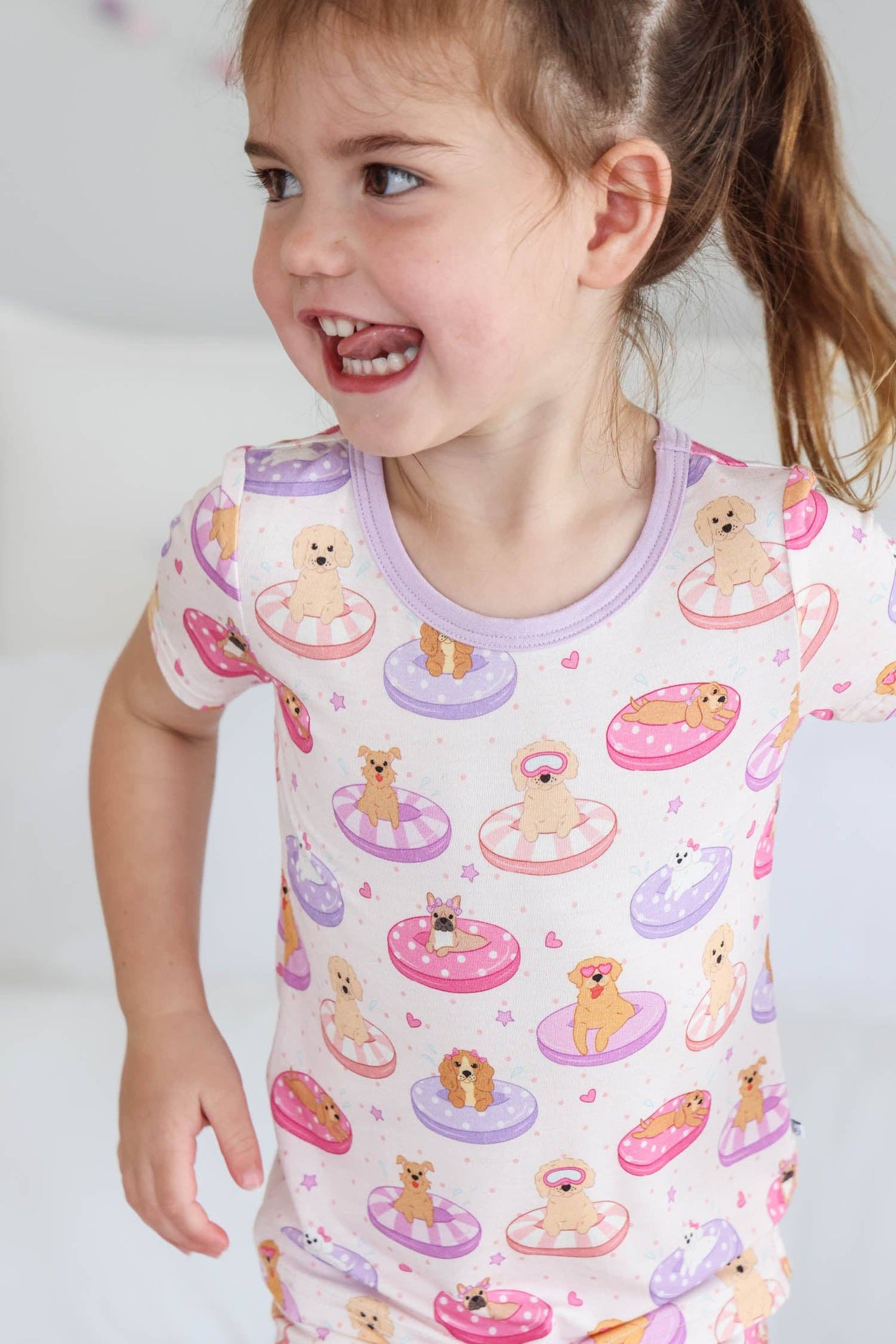 Two Piece Short Pajama Set | Poolside Pups Pink