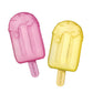 Two pink and yellow popsicles on a white background