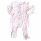 Baby footie with pink floral and bows pattern 