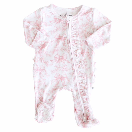 Baby footie with pink floral and bows pattern 