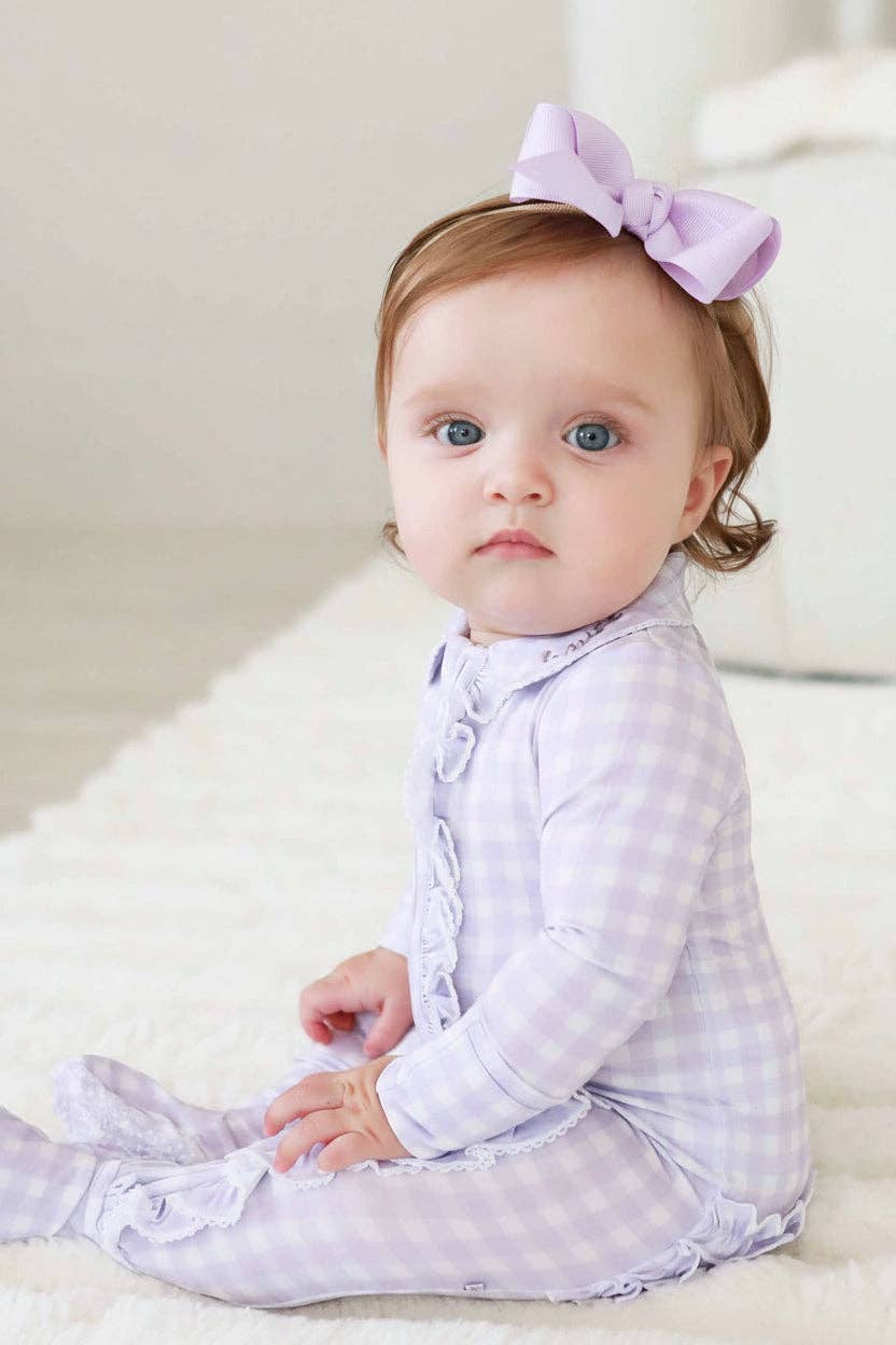 Peter Pan Collar Ruffle Zipper Footie | Lilac Gingham (Wholesale)