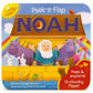Children's book titled 'Peek-a-Flap Noah' with colorful illustrations of Noah and animals on a rainbow.