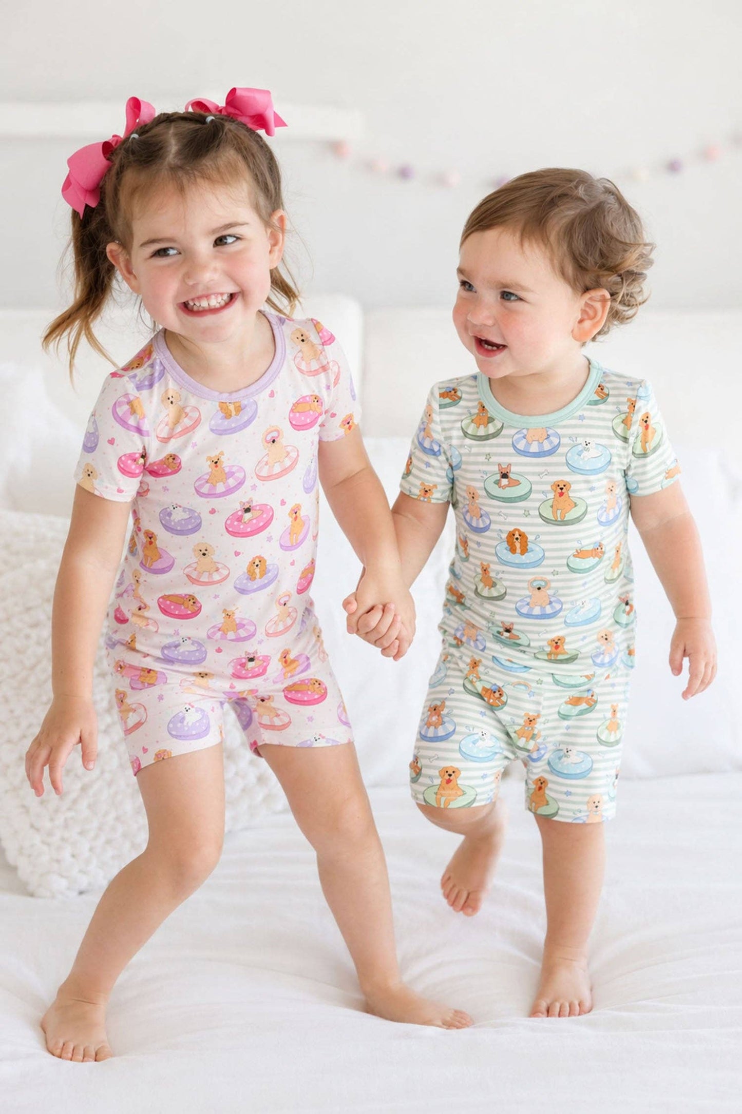 Two Piece Short Pajama Set | Poolside Pups Pink