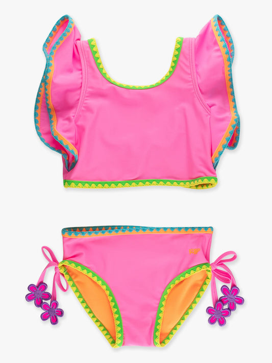 Girls Neon Pink Crochet Detail Butterfly Tankini 2-Piece Swimsuit