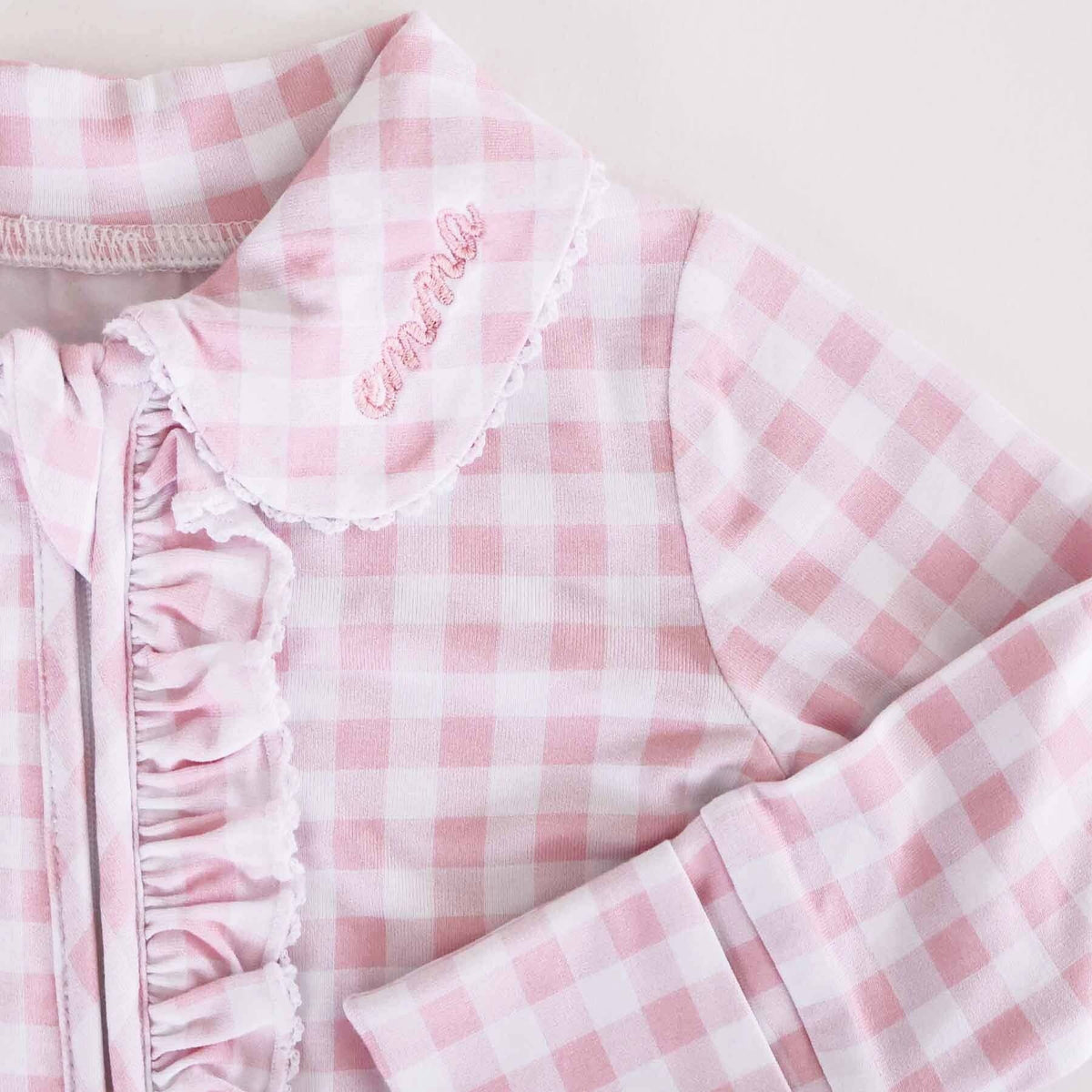 Peter Pan Collar Ruffle Zipper Footie // Rosy Gingham