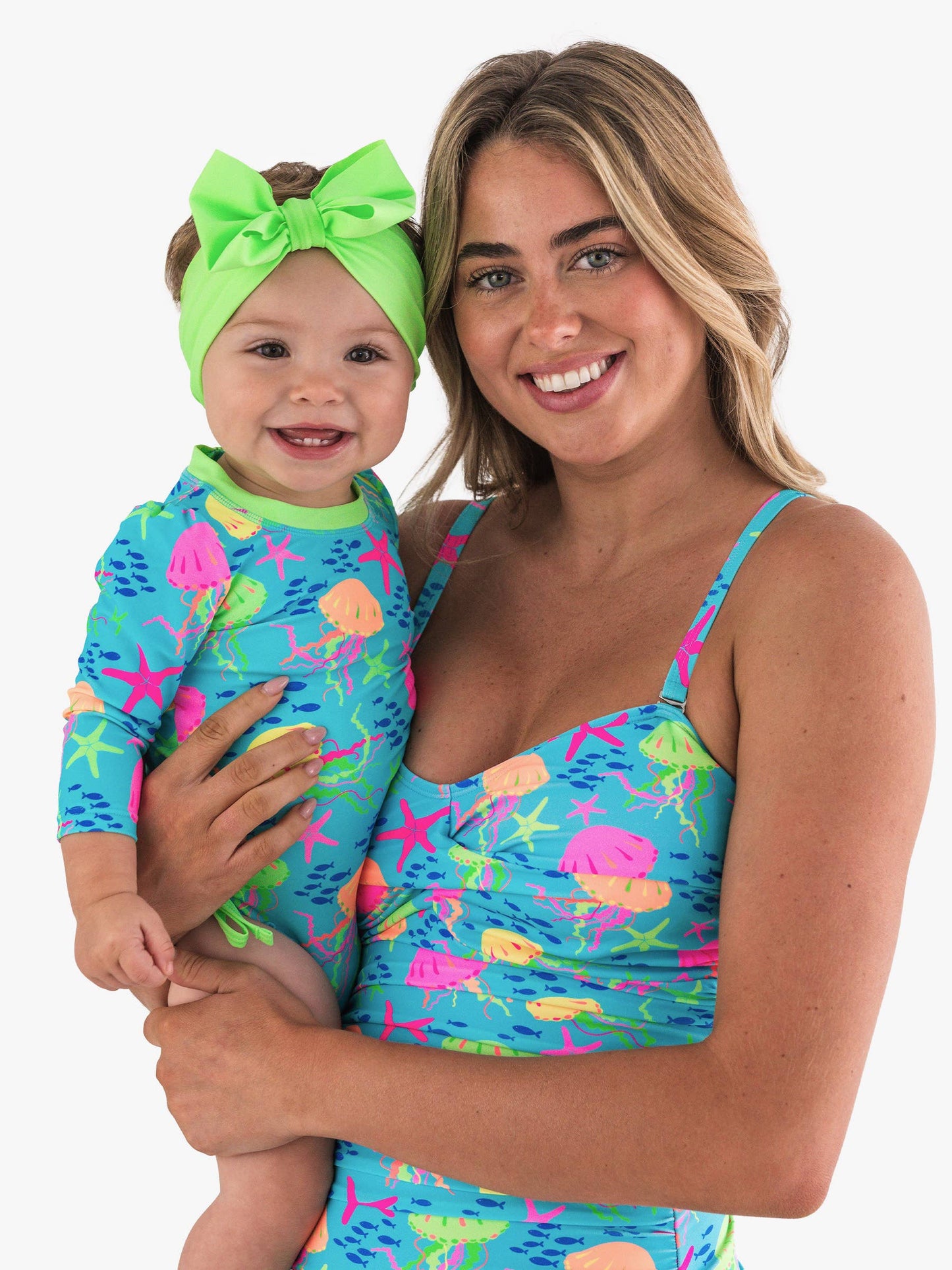 Baby Girls Neon Jelly Time Long Sleeve One Piece Rash Guard Swimsuit with Signature Rear Ruffles