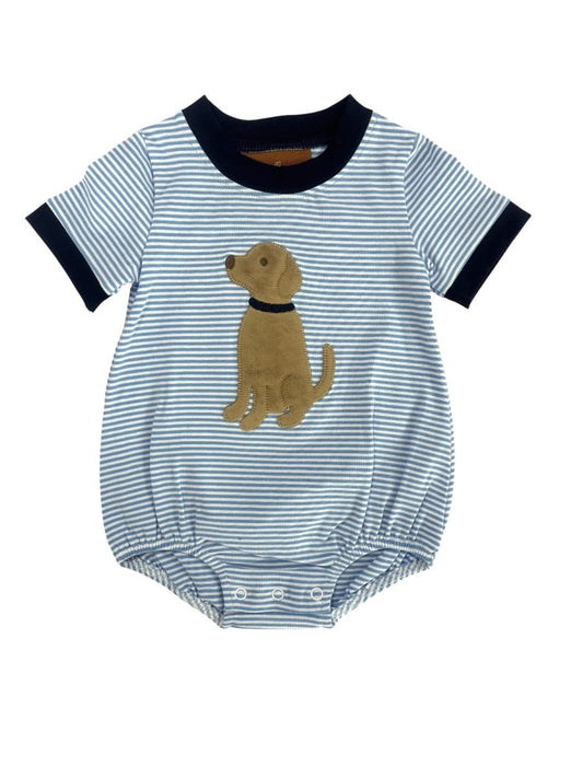Striped baby romper with a dog applique