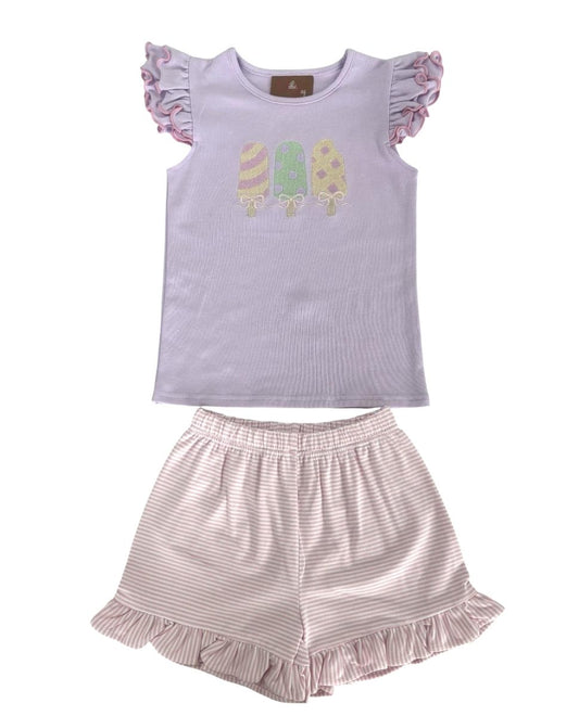 Purple Flutter sleeve with popsicle detail and coordinating pink stripe shorts
