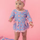 Baby Girls Tropical Trellis Long Sleeve One Piece Bow Peplum Rash Guard Swimsuit with Signature Rear Ruffles