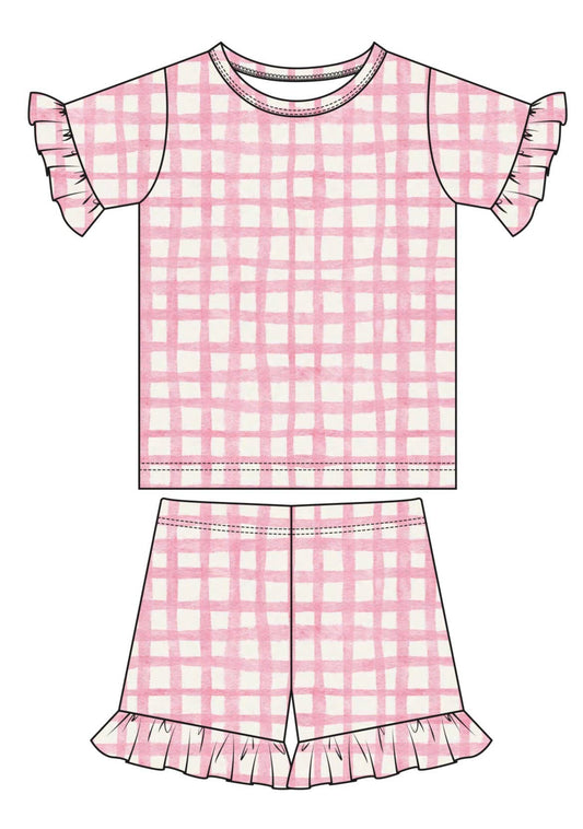 Pink and white checkered pajama set with ruffled sleeves and shorts 