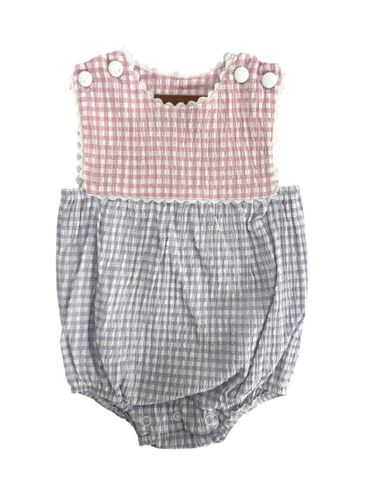 Baby romper with pink checkered top and purple checkered bottom 