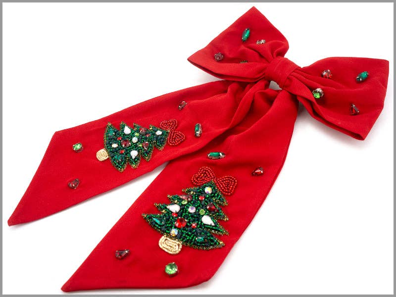 Red Hair Bow with Seed Bead Green Christmas Tree