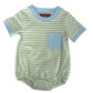 Green and blue striped baby romper with a pocket 