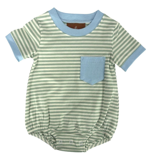 Green and blue striped baby romper with a pocket 