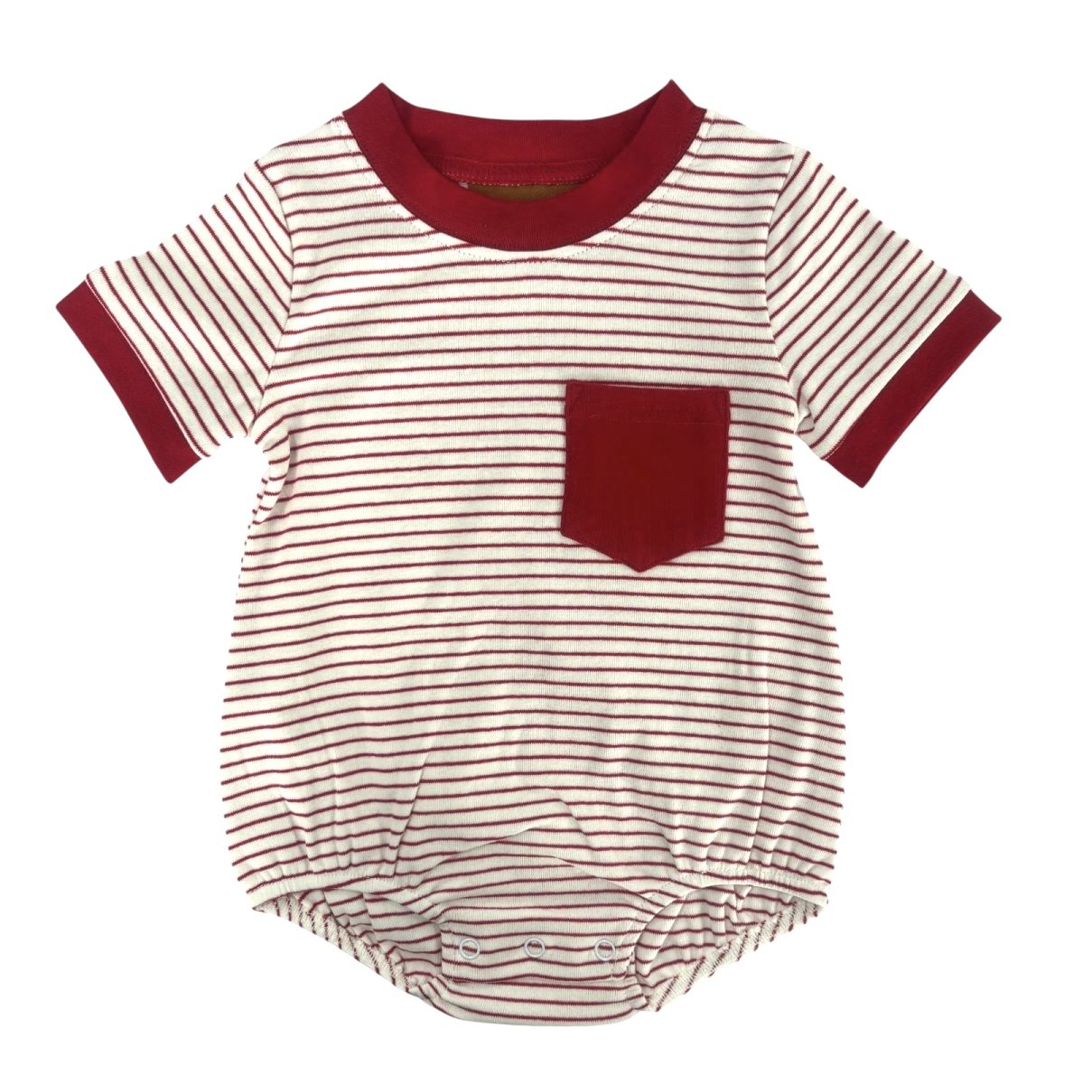 Striped baby romper with red accents 