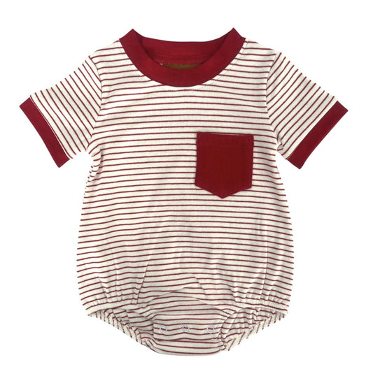 Striped baby romper with red accents 