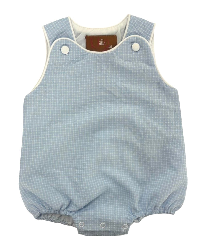 Blue checkered baby romper with white buttons 
