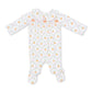 A baby footed sleeper with long sleeves and a Peter Pan collar, featuring a white background with a pink trellis pattern and small orange pears.