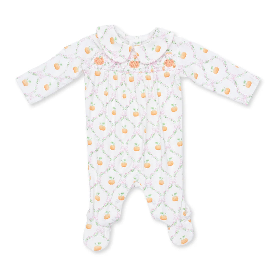 A baby footed sleeper with long sleeves and a Peter Pan collar, featuring a white background with a pink trellis pattern and small orange pears.
