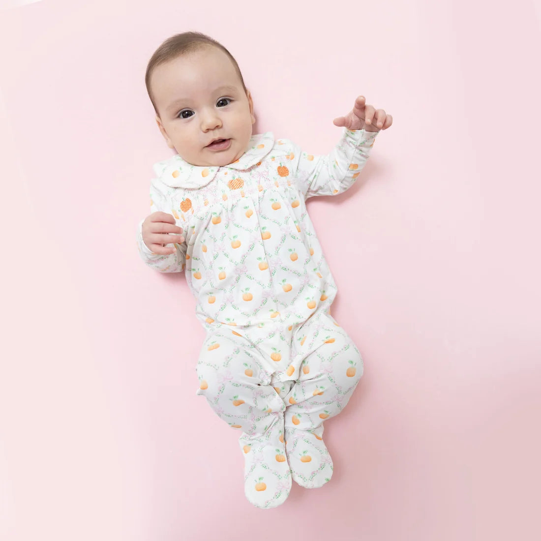 Smocked Peter Pan Snap Footie // Pretty Pumpkin Trellis