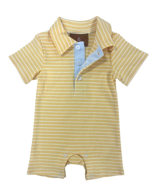 Yellow striped baby romper with a collar 