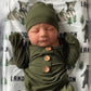 Solid Olive Bamboo Baby Knot Gown & Hat