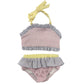 Two-piece checkered swimsuit with pink top and yellow bottom 