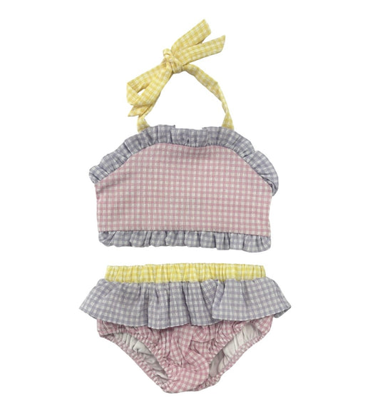 Two-piece checkered swimsuit with pink top and yellow bottom 