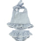 Blue and white striped baby swimsuit with ruffled top and bloomers 