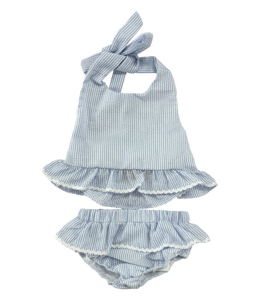 Blue and white striped baby swimsuit with ruffled top and bloomers 