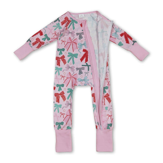 Pink Long Sleeves Bows Zip Romper