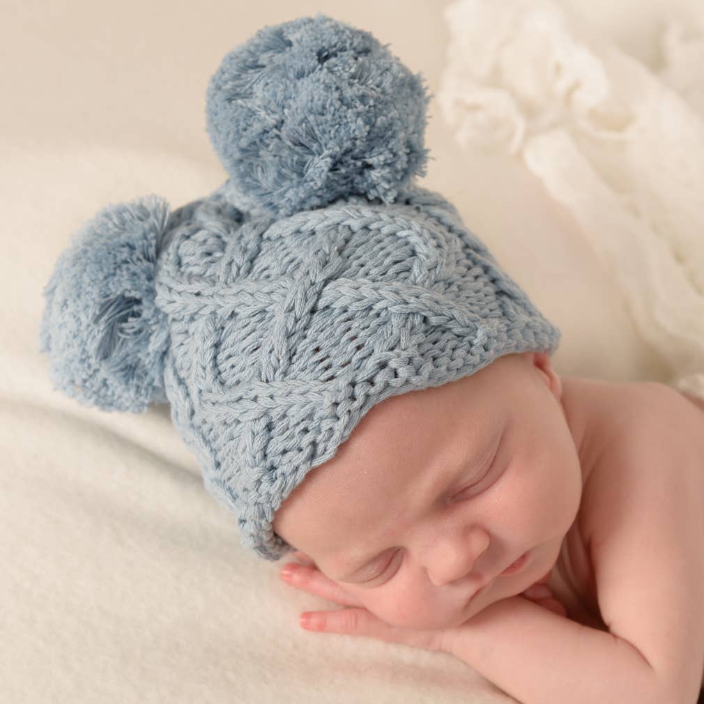 Newborn Baby Aran Chambray Double Pom Pom Beanie