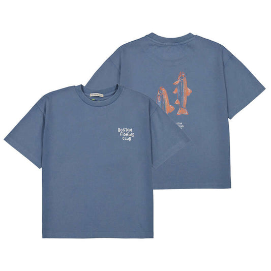 Blue t-shirt with 'Boston Fishing Club' text on front and graphic on back